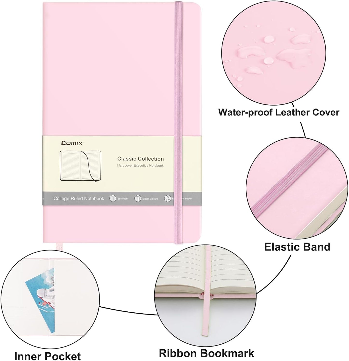 Comix Lined Journal Notebook for Women Men, Journaling Notebooks for Office School Home, Pink, 240 Pages, 5.5" x 8.3", College Ruled, A5, Hardcover