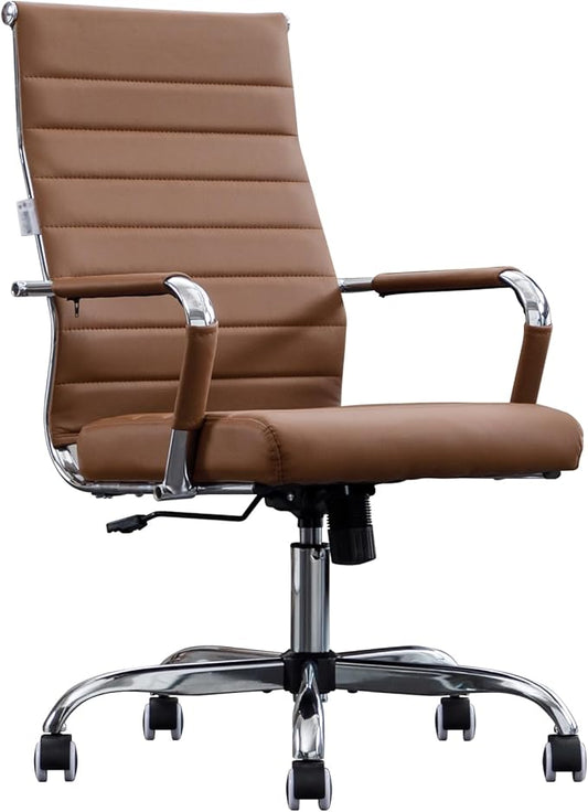 Home Office Chair Ribbed, Modern Leather Conference Room Chairs, High Back Executive Computer Chair, Ergonomic Office Desk Chair, Adjustable Swivel Chair with Arms (Brown)