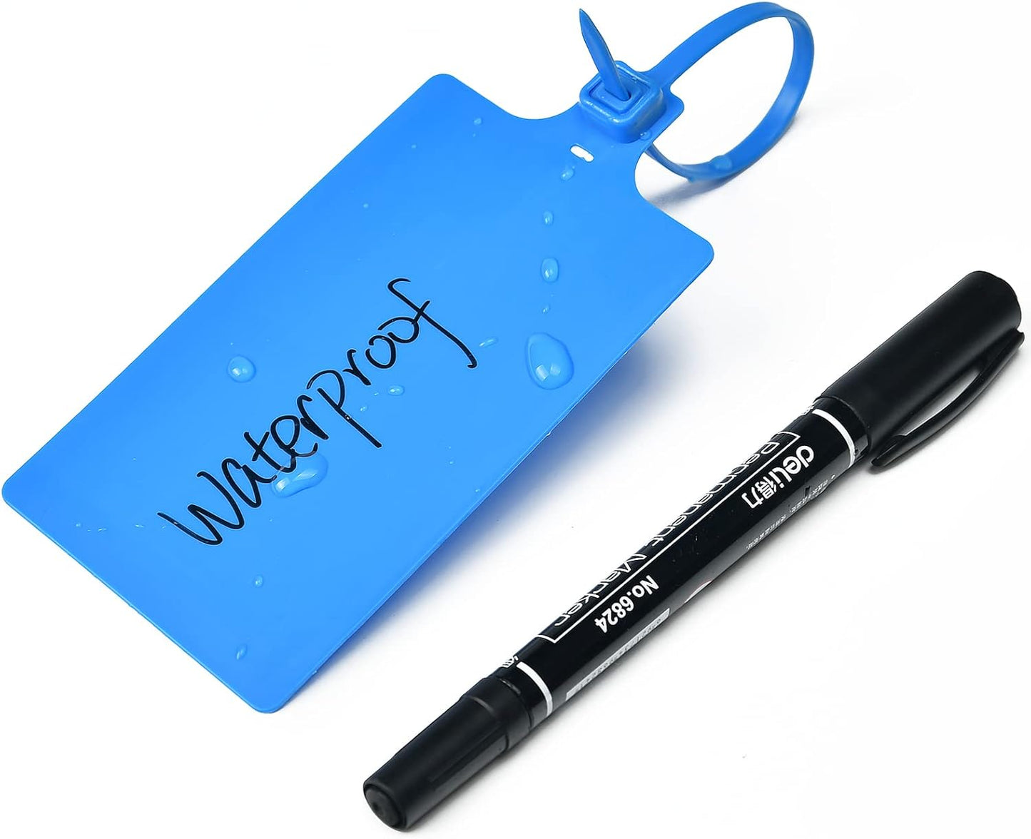 50 Blue Plastic Writable Shipping Tags - Large, Waterproof, Hanging Label Ties with One Permanent Marker Pen