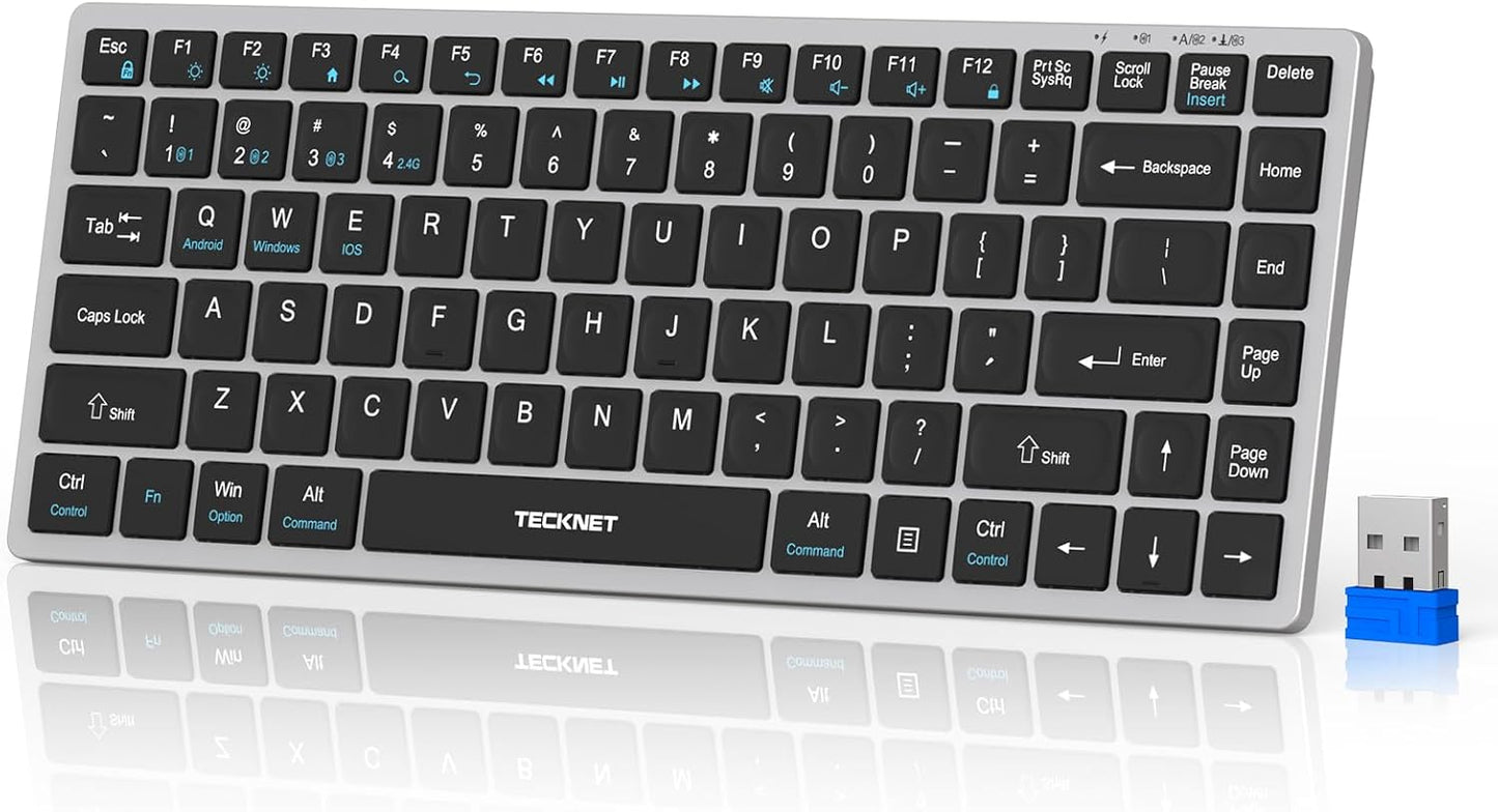 TECKNET Bluetooth Keyboard Rechargeable, 4-Device (2.4G+3BT) Wireless Keyboard, Ultra-Slim Quiet Typing, 14 Hotkeys Computer Keyboard for PC/Laptop/Smart TV/Tablet