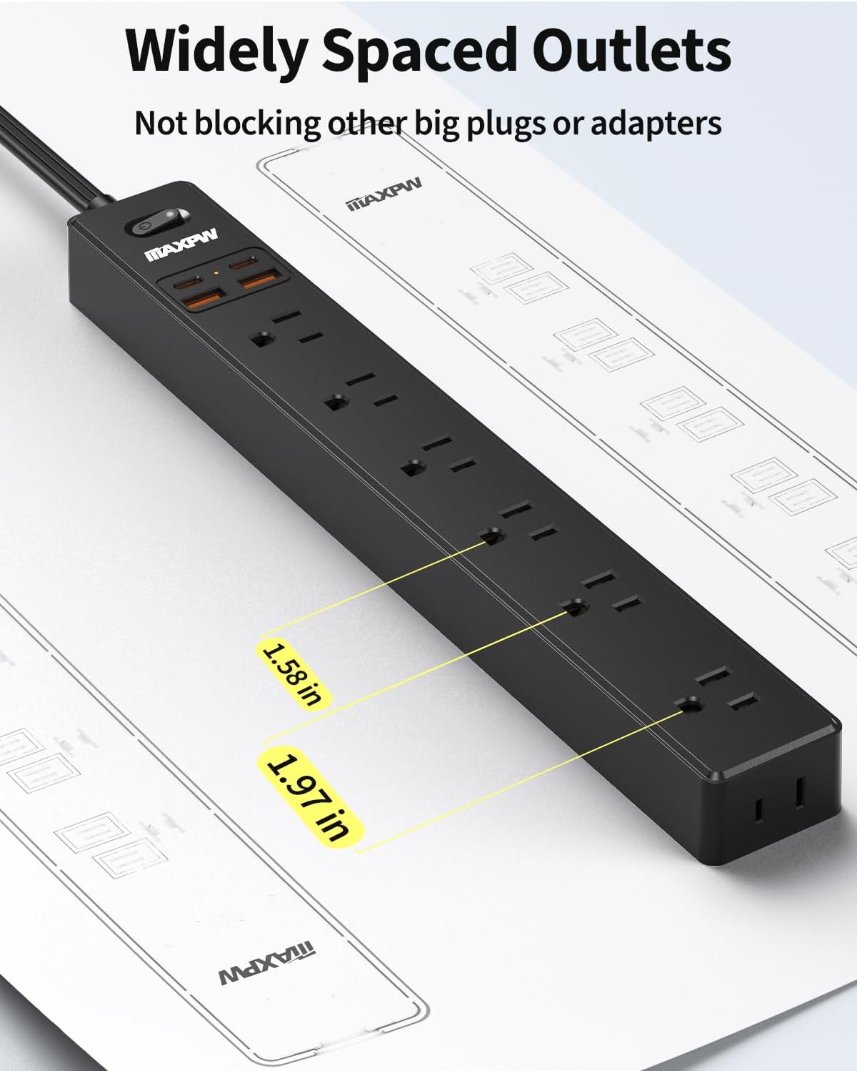 2 Pack Power Strip Surge Protector - 7 Outlets 4 USB Ports (2 USB C), 6 Ft Ultra Thin Flat Plug Extension Cord, 1875W/15A, 1700 Joules, Wall Mount for Home Office Dorm, Black