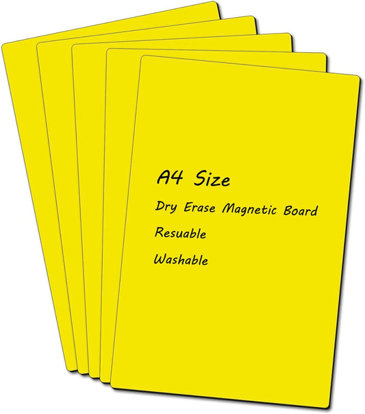 Realth Dry Erase Magnetic Board Yellow, Reusable Fridge Magnetic Whiteboard, Blank Magntic Board to Write on for Home Office Classroom, 8.3'' × 12.2'' 5 Pcs