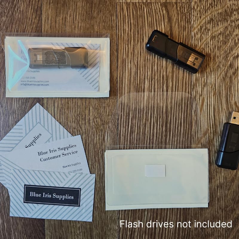 Business Card Pocket - Flash Drive Pocket - Self Adhesive - Open Long - Resealable Flap - BIS10130 (300-Pack), Clear