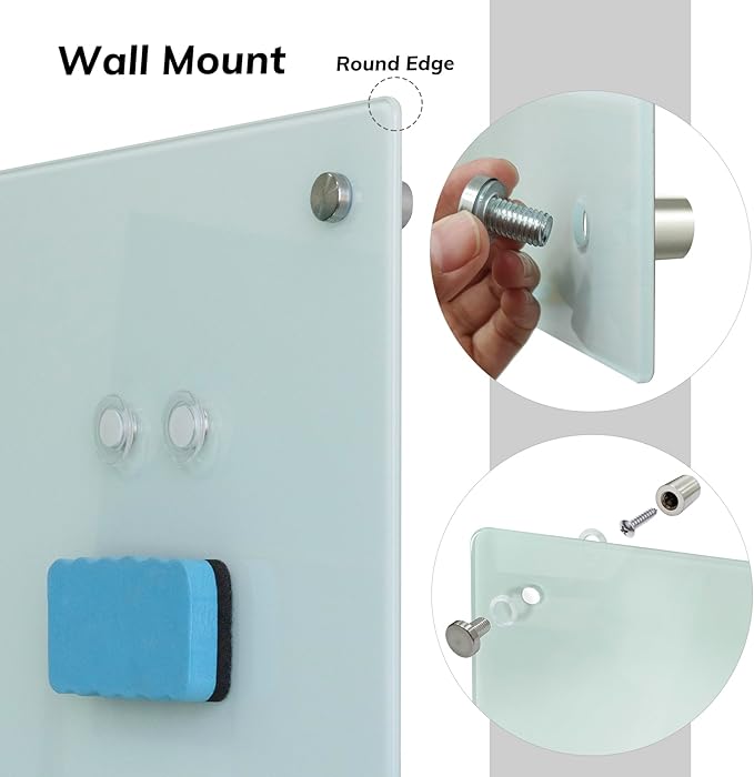 Glass Magnetic White Board – 60 x 40 Inches Dry Erase Glass Whiteboard for Wall, Large Wall Mounted Glass Board for School, Office and Home