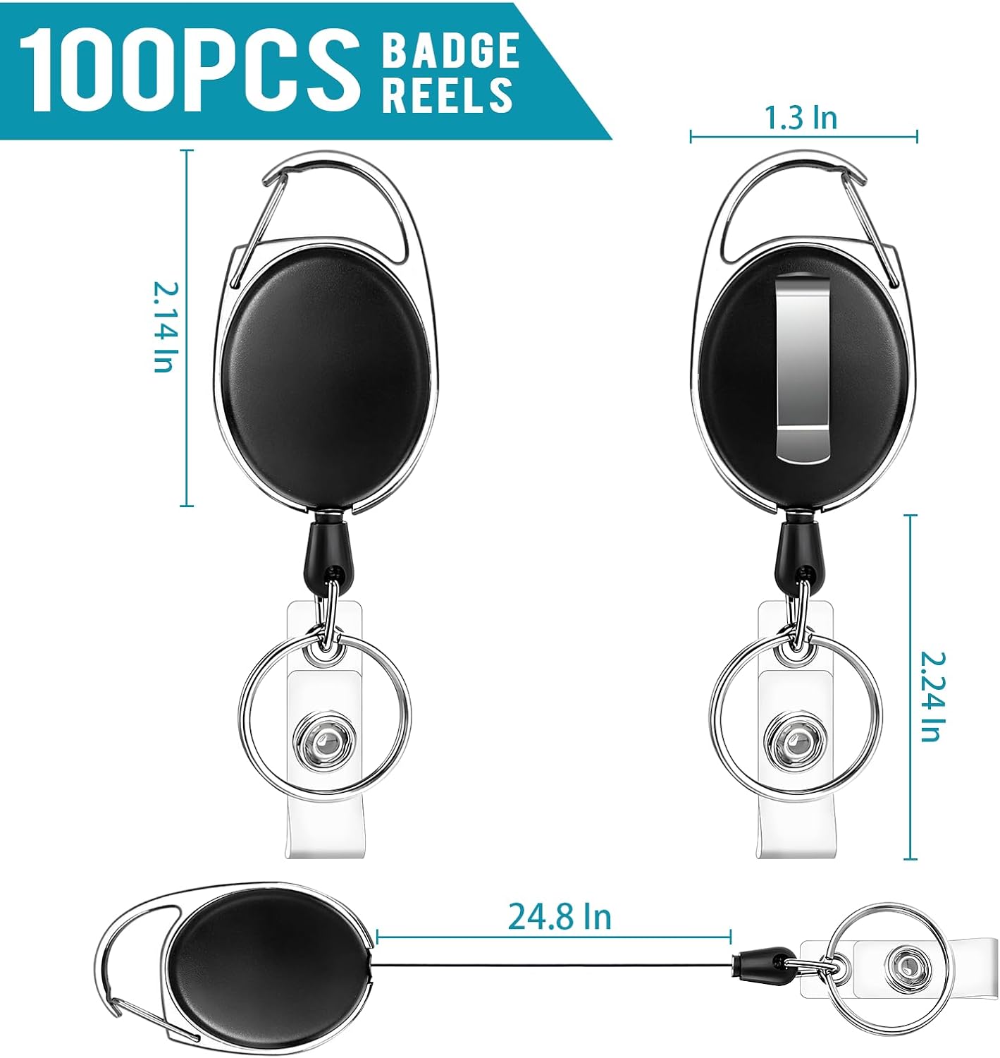 100 Pcs Badge Reel, ID Badge Holder Retractable Clip, Heavy Duty Keychain Badge Reel，Badge Clip, Bulk Lanyard for Wear Keys, ID Card, Name Hold