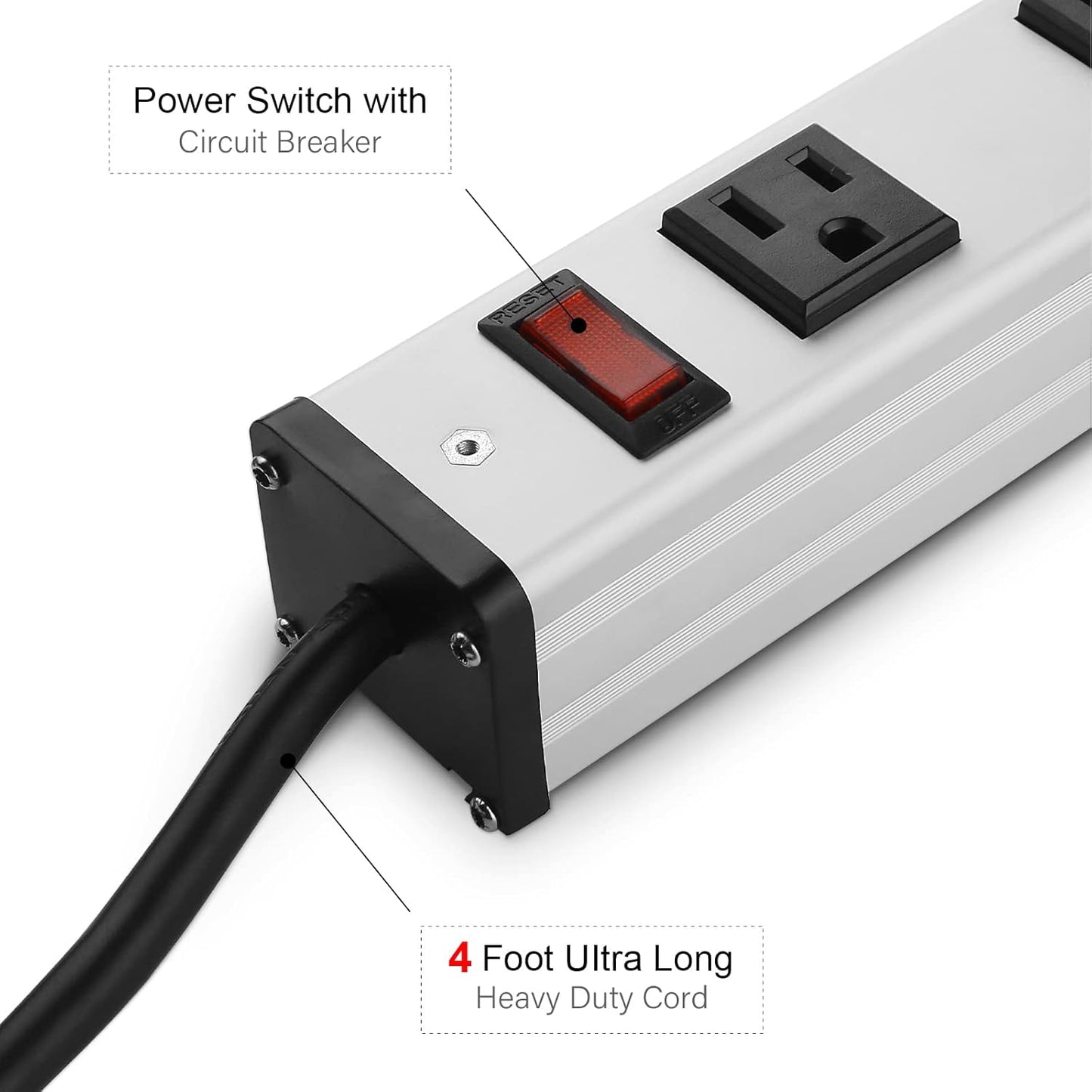 16 Outlet Plugs Heavy Duty Metal Power Strip, Aluminum Workshop Socket with 4 FT Long Cord and Power Switch. 15A, 125V, 1875W Silver