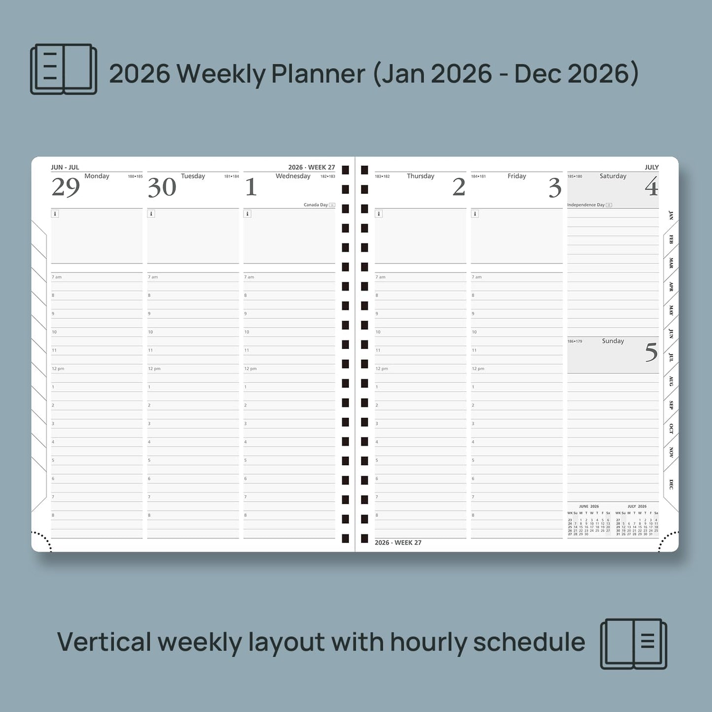 POPRUN 2026 Planner (Large - 8.5" x 10.5") with Hourly Schedule, Vertical Layout - 2026 Weekly Calendar (Jan. 2026 - Dec.2026) for Time Management, Monthly Tabs, Spiral Bound, Soft Cover - Pink