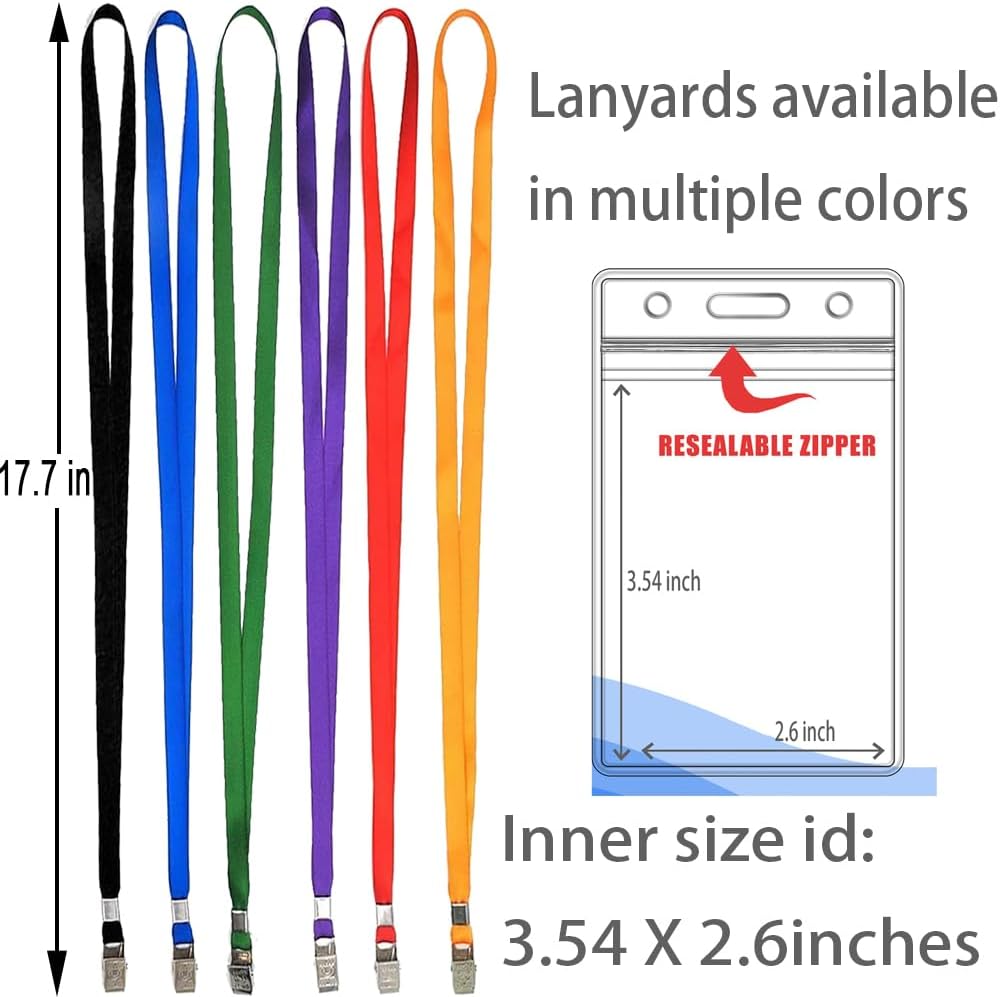 50pcs Clear Badge Holder with Lanyard Waterproof Type Clear ID Badge Holder with Lanyards for Name Tags ID Card (Blue, Vertical)