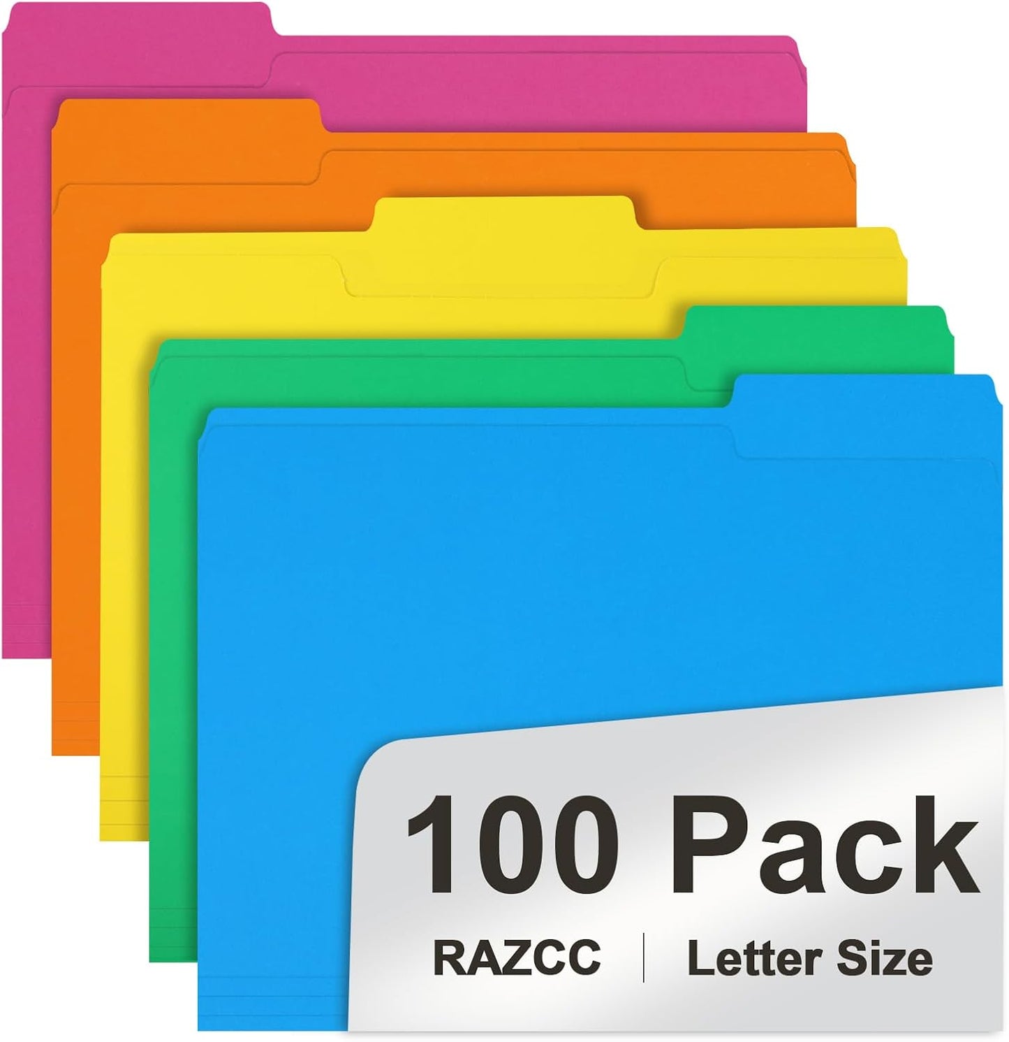 File Folder, RAZCC 100 Pack 1/3 Cut Tab Colored File Folders, File Folder Letter Size for Office Classroom Use, Assorted 5 Colors Folders with Tabs