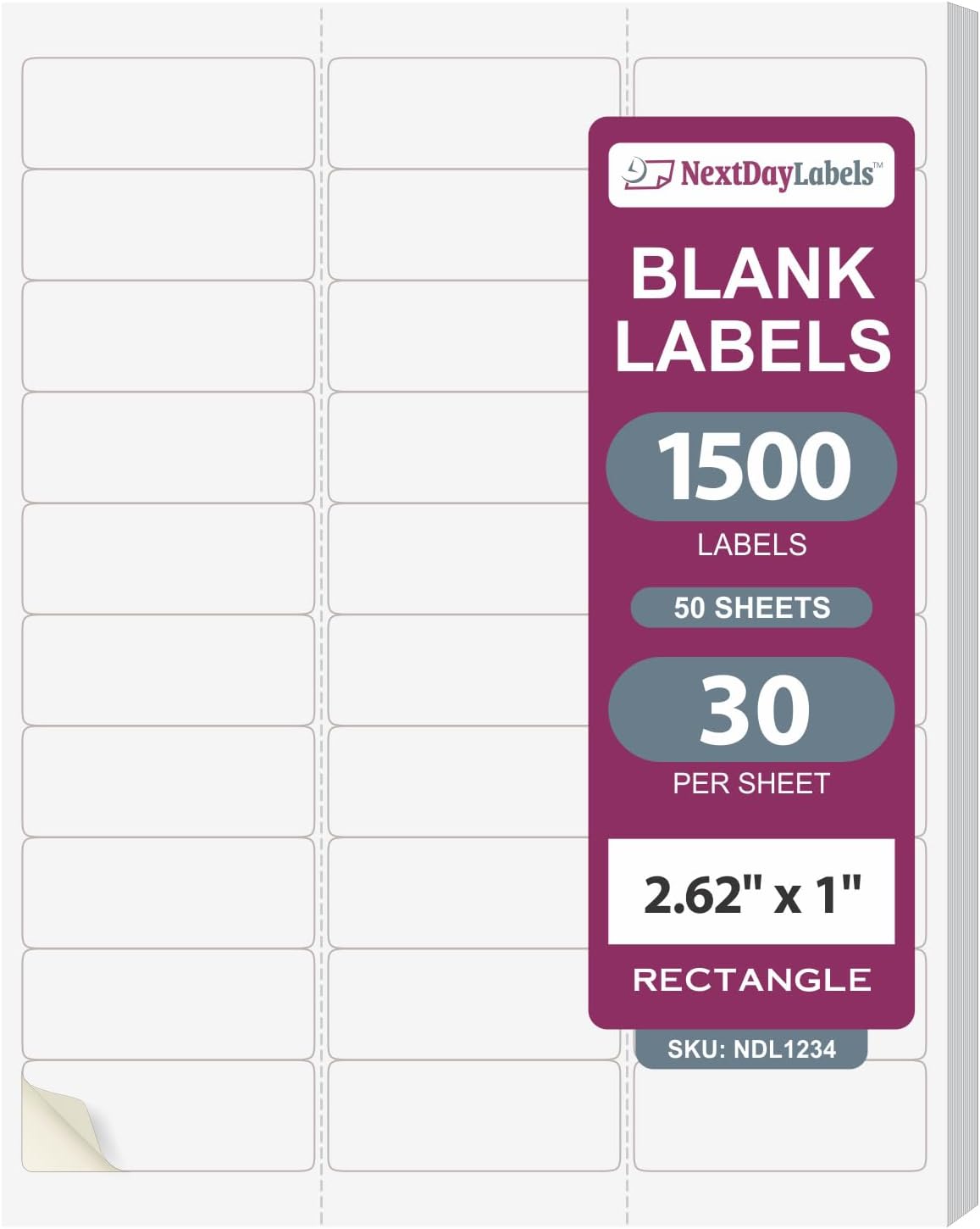 NextDayLabels - 2.5/8" x 1" Rectangular Sticker Labels for Printer - White Laser/Inkjet Printer Labels Return Address Labels Shipping Label Stickers (50 Sheets, 30 Per Sheet, 1500 Labels)