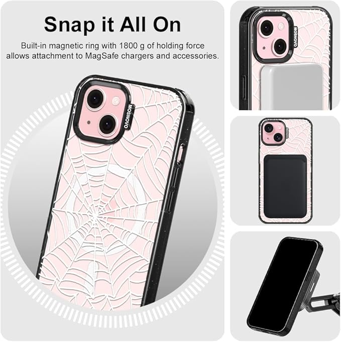 MOSNOVO Magnetic Case for iPhone 15, 10ft Military-Grade Protection, Compatible with Magsafe, Shockproof Phone Case for iPhone 15 - Spider Web - Clear Black