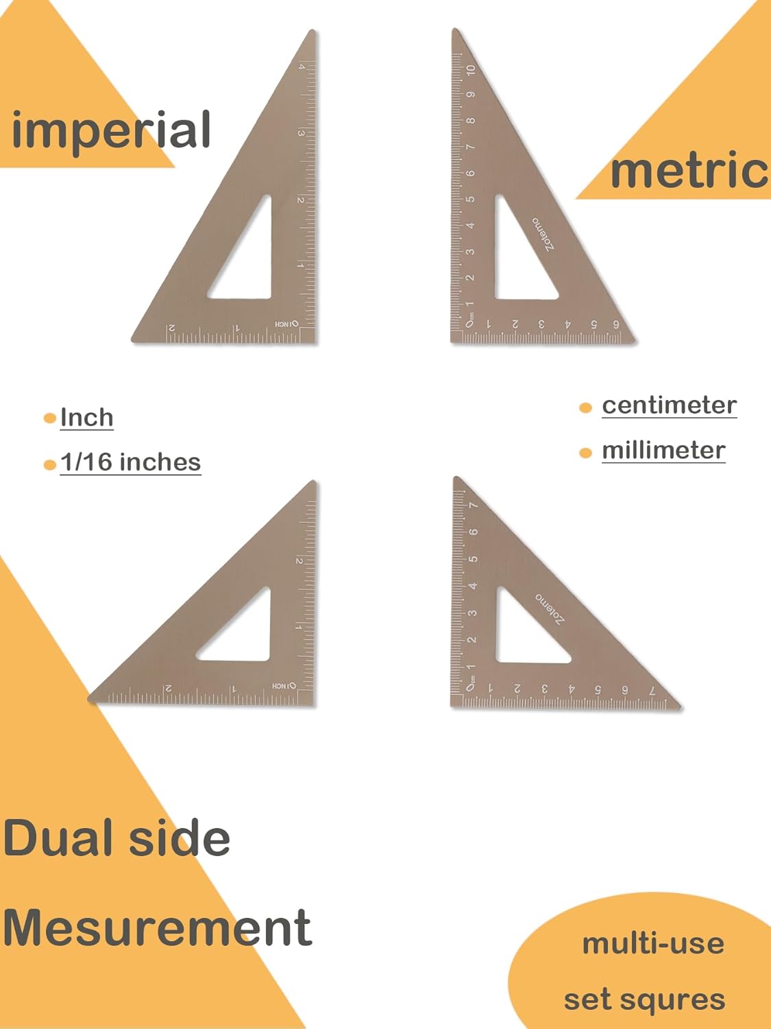 Metal Geometry Set, 5-Piece Aluminum Ruler, Math Drafting Ruler Kit Includes Protractor, Triangle Rulers, Straight Rulers-Math Measurement Tools for School and Office Supplies (Gold)