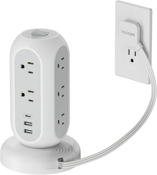 Surge Protector Power Strip Tower, TESSAN 5 FT Retractable Extension Cord with Multiple Outlets, 11 Outlets with 3 USB (1 USB C) Charging Station, 1050J, Office Desk Supplies, Dorm Essentials