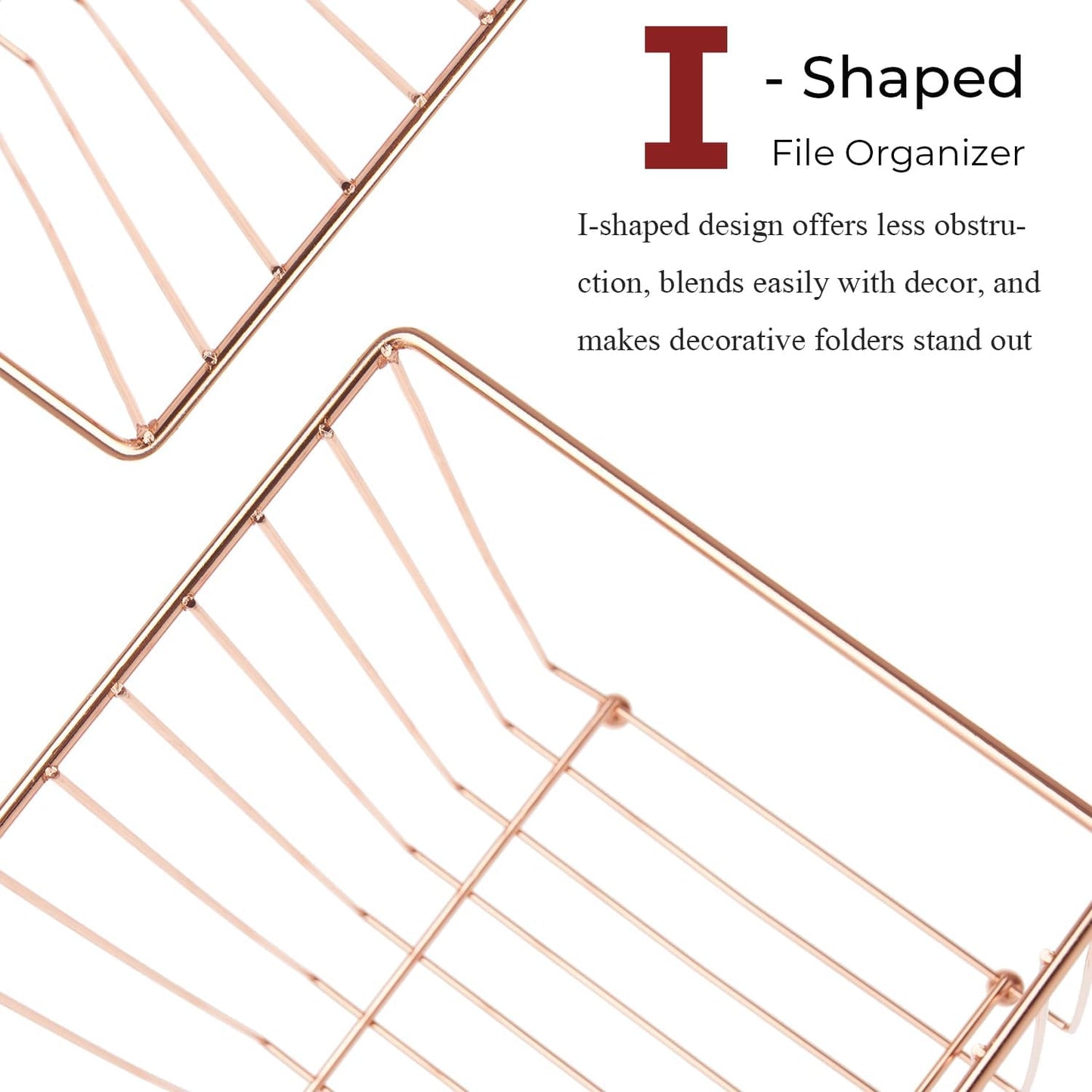 Y YOMA 1 Pack Rose Gold Desktop Hanging File Organizer | 12 Pack Rose Gold Pocket Hanging File Folders with Tabs & Insert | Letter Size Metal File Kit for Desk Home Office, I Shaped