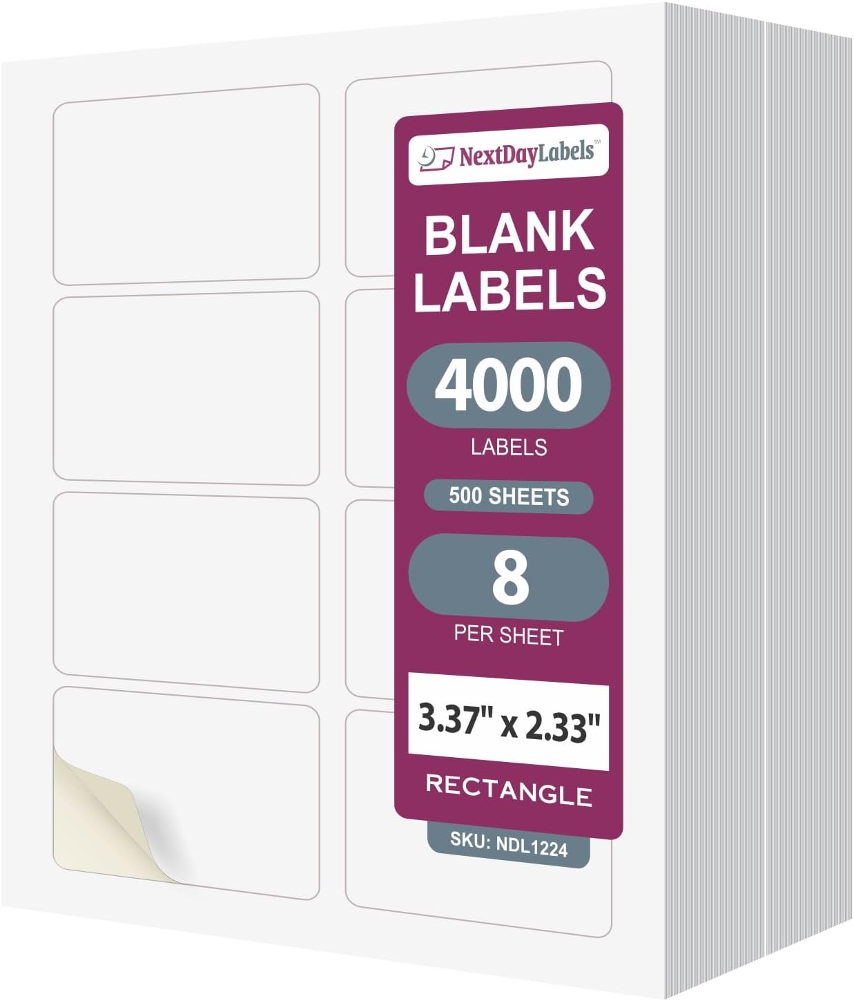 NextDayLabels – 3-3/8" x 2-1/3" Rectangular Sticker Labels for Printer - White Laser/Inkjet Printer Labels Return Address Labels Shipping Label Stickers (500 Sheets, 8 Per Sheet, 4000 Labels)