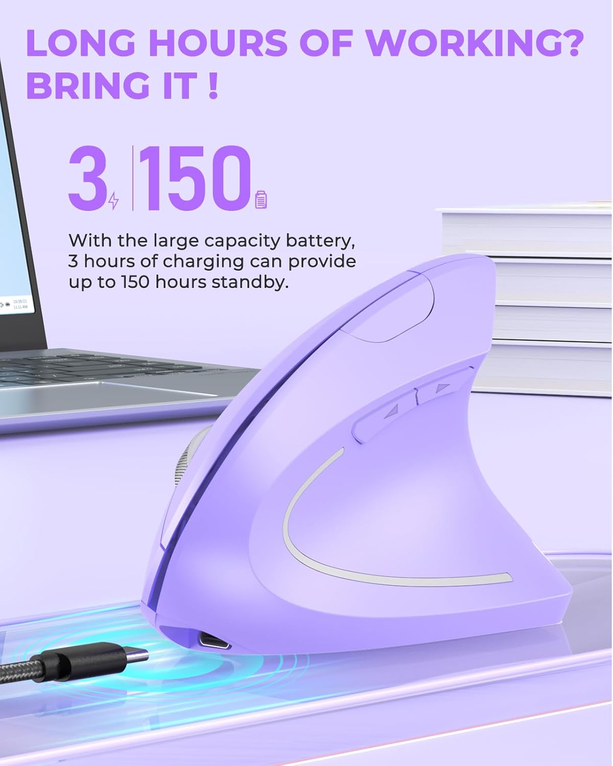 Lekvey Ergonomic Mouse, Vertical Wireless Mouse, Rechargeable 2.4G Optical Carpal Tunnel Mice with USB Receiver: 1000/1200 / 1600 DPI, 6 Buttons, for Laptop, Computer, PC, Desktop, Light Purple