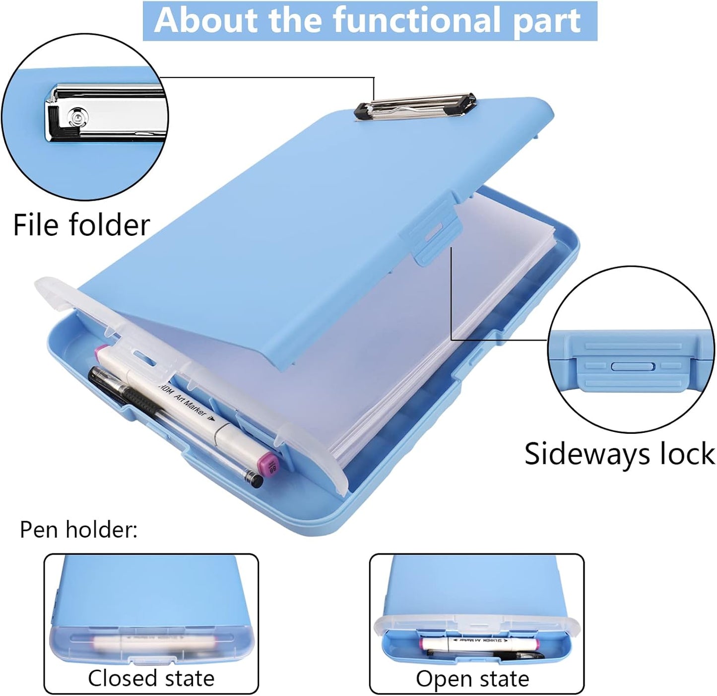 Clipboard with Storage, A4 Binder Nursing Clipboards with Pen Holder, Heavy Duty Storage Clipboard with Low Profile Clip, Clipboards Folder Side-Opening, Smooth Writing Clip Board (Lake Blue)