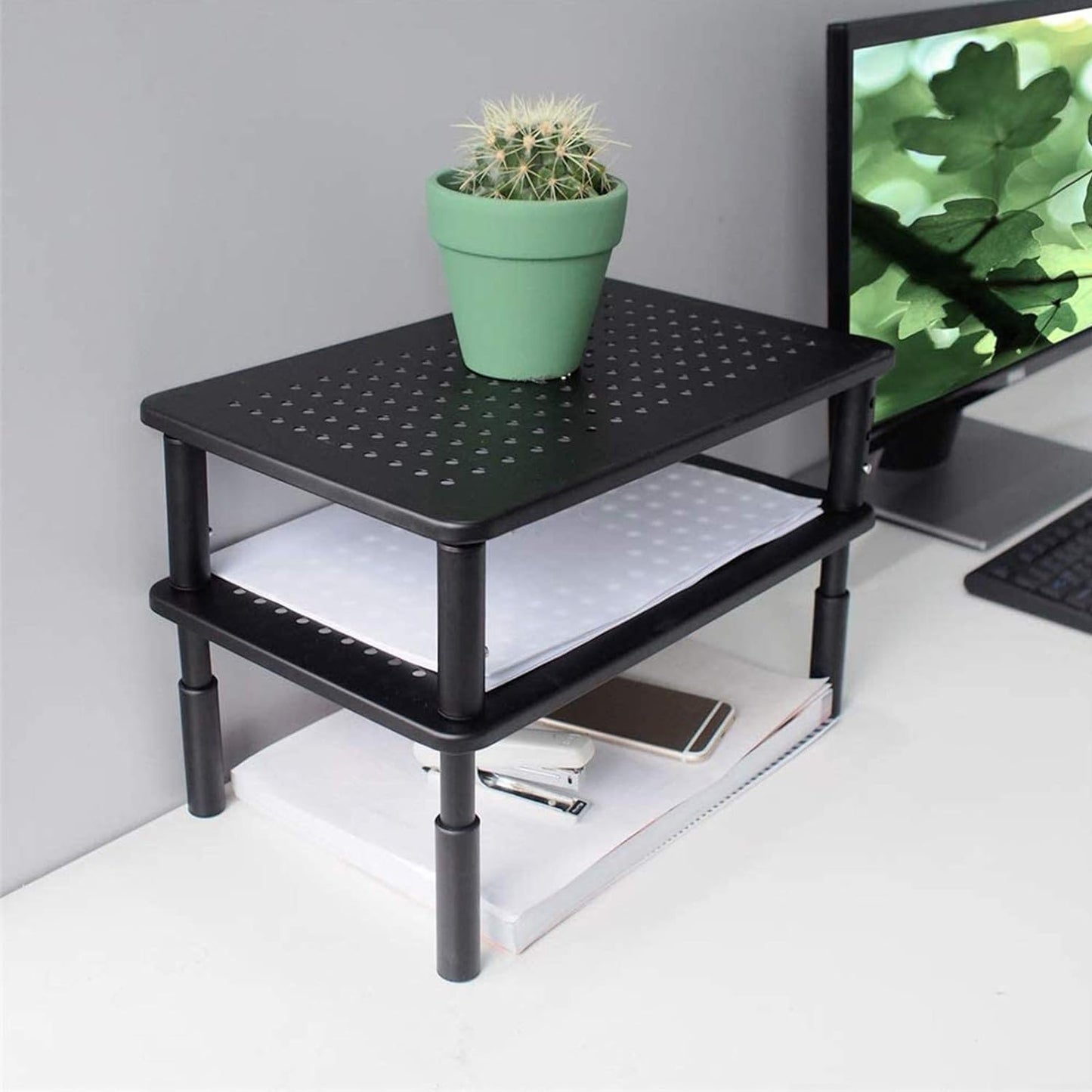 Bracwiser Monitor Stand Riser,3 Level Height Adjustable Desktop monitor stand for Computer, Laptop, Printer, Notebook with Vented Metal Platform 370X235MM 2 Packs,Black