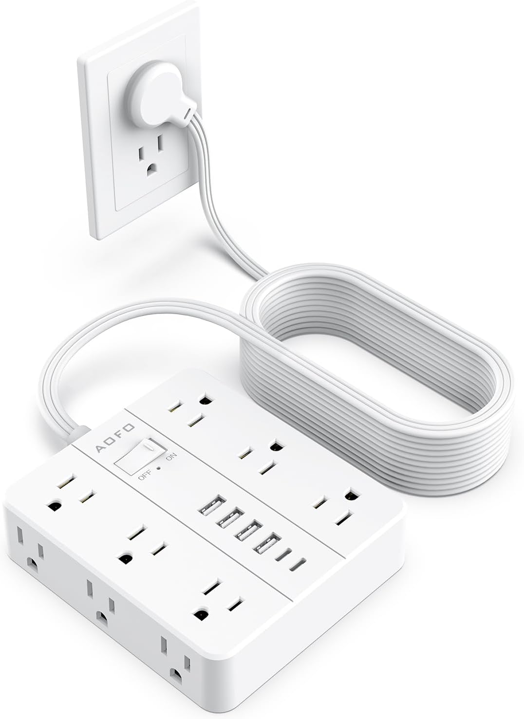 20FT Surge Protector Power Strip,12 AC Outlets with 6 USB Ports (2 USB-C), Flat Plug Extension Cord with Multiple Outlets, Wall Mount for Home Office,Dorm, White