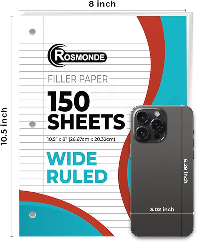 Loose Leaf Paper, 900 Sheets, 6 Pack, Wide Ruled, 8" x 10.5", 56 gsm Bulk Office Filler Sheets, 3 Hole Punched, 150 Sheets/Pack, Wide Ruled for 3 Ring Binder, Notebook Paper, White