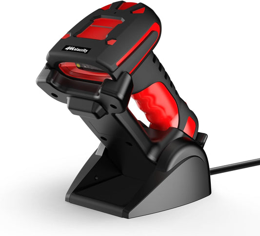Alacrity Wireless Charging Barcode Scanner, 1D/2D Symbologies, Global Shutter Scan Sensor, Long-Distance 433MHz Wireless & Bluetooth Connectivity, Industrial Shock and Dust-Proof Barcode Reader, Red