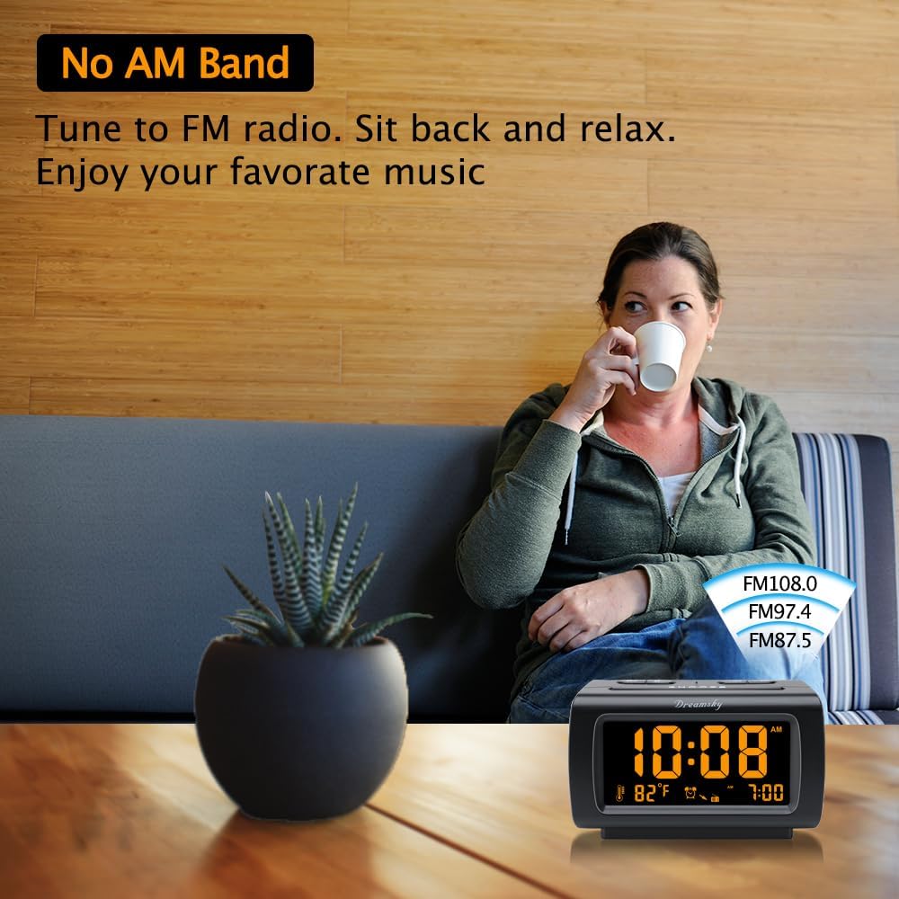 DreamSky Alarm Clock Radios for Bedrooms with Battery Backup, Large Big Numbers with Brightness Dimmer, USB Port, Bedside Digital FM Radio with Sleep Timer, Temperature, Adjustable Volume, Snooze