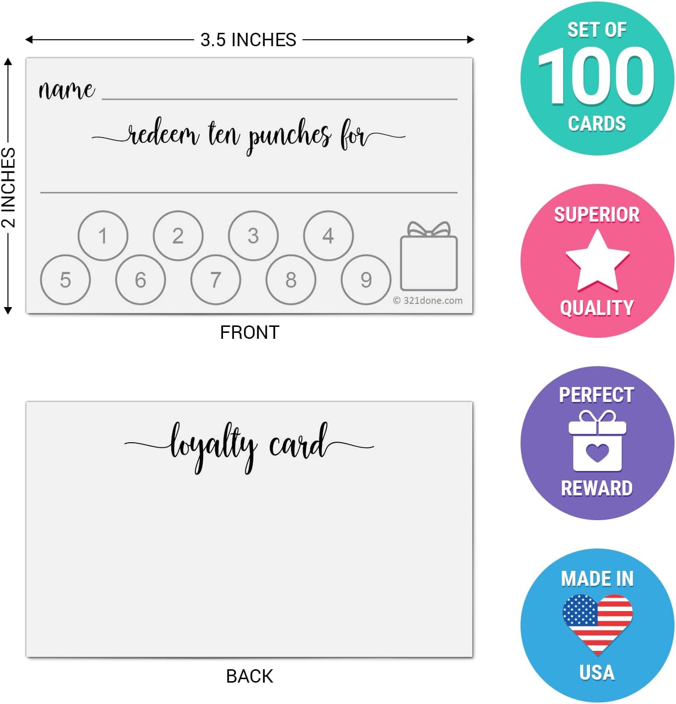 321Done Loyalty Punch Cards, Made in USA - Customer Reward Card 3.5x2 White, Business Card Size, Redeem 10 Punches or Visit for Prize - Pack of 100