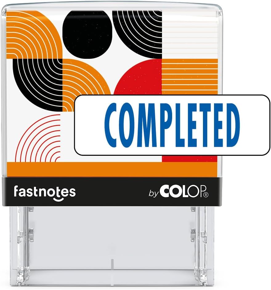 Fastnotes Completed Self-Inking Rubber Stamp by COLOP - Great for Office Documents, Notary, Warehouse, Accounting Paperwork, Business, and Legal Documentation - Blue Ink (Completed- Blue)