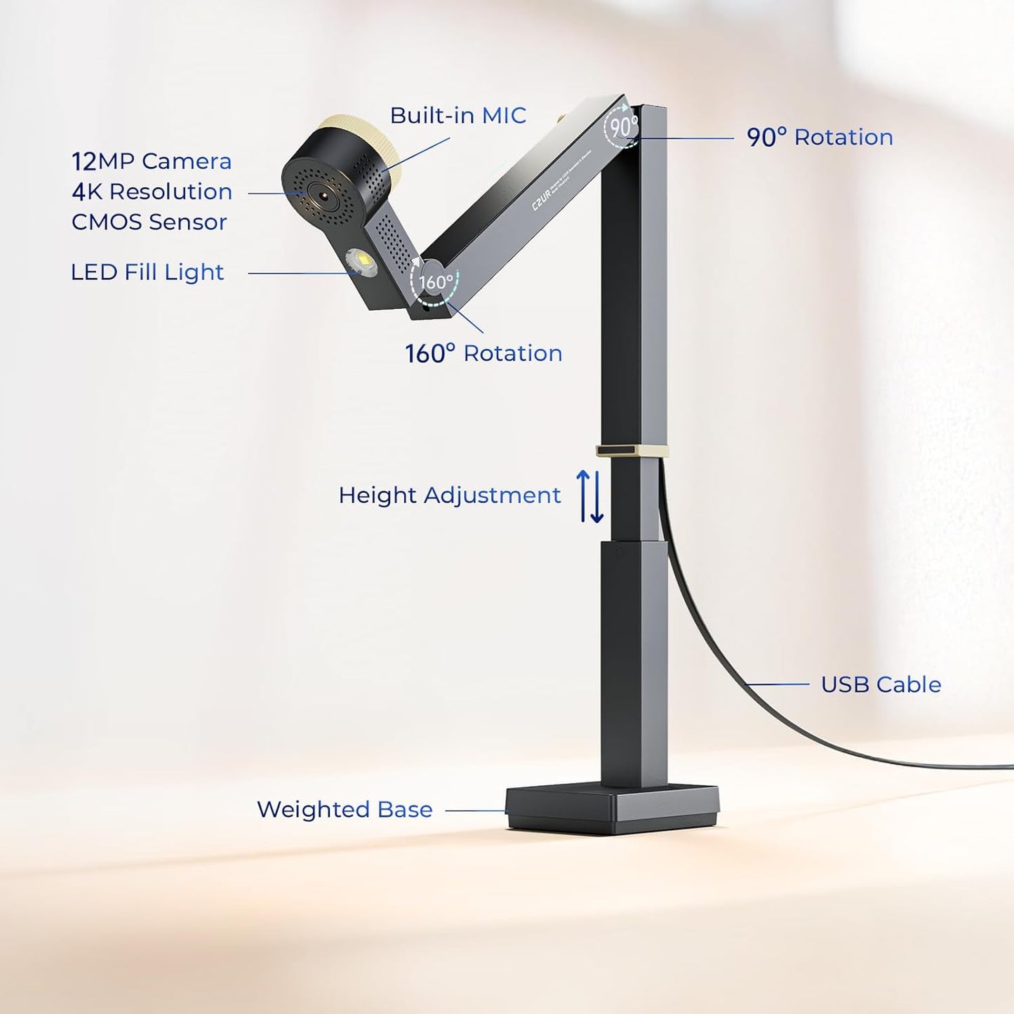 CZUR Fancy S Pro 12MP USB Document Camera for Teacher, 4K Webcam with Microphone and LED Light, Up to 60fps, Auto Focus, for Remote Teaching, Live Streaming, Web Conference, for Mac and Windows