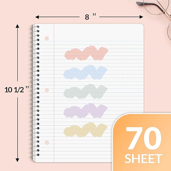 SUNEE Spiral Notebooks, 12 Pack, 1-Subject, College Ruled Paper, 8" x 10-1/2", 70 Sheets per Notebook, Assorted Pastel Colors Spiral Notebooks for School