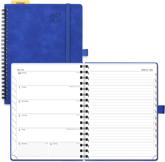POPRUN Planner 2025-2026 Weekly Notebook (Medium 8.5''x 6.5''), Academic Calendar (JUL.25 - JUN.26) Appointment Book with Monthly Tabs, Spiral Soft Cover, Inner Pocket, 100 GSM - Royal Blue