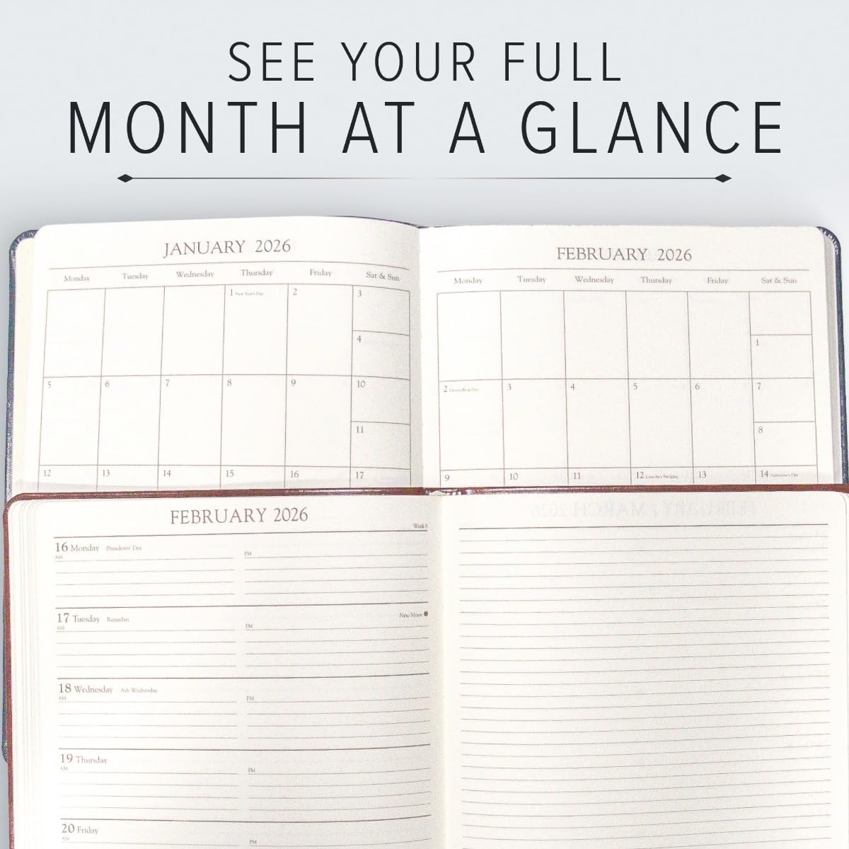 Gallery Leather Academic Planner 2025-2026, Teacher and Student Weekly Monthly Planner, Elegantly Bound Calendar with Gold-Gilded Page Edges, 18 Months - Freeport Metallic Copper - 9x7"