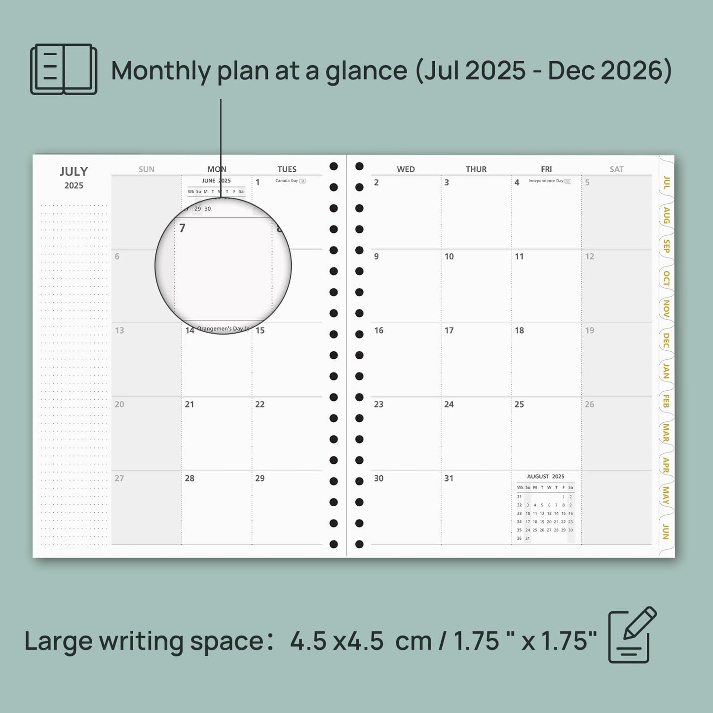 POPRUN Monthly Planner 2025-2026 Spiral Hardcover (8'' x 10''), 18 Months Calendar (Jul.2025 - Dec.2026)- 2 Pages per Month with Dotted Note Pages, Sunday Start, Laminated Tab - Light Pink