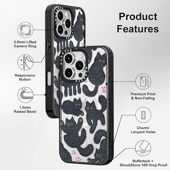 MOSNOVO Magnetic Case for iPhone 16 Pro, 10ft Military-Grade Protection, Compatible with Magsafe, Shockproof Phone Case for iPhone 16 Pro - Black Fluffy Cat - Clear Black