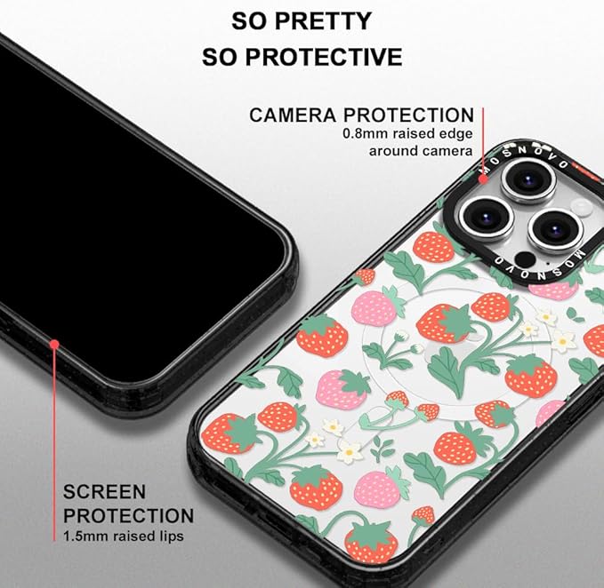 MOSNOVO Magnetic Case for iPhone 16 Pro, 10ft Military-Grade Protection, Compatible with Magsafe, Shockproof Phone Case for iPhone 16 Pro - Strawberry Garden - Clear Black