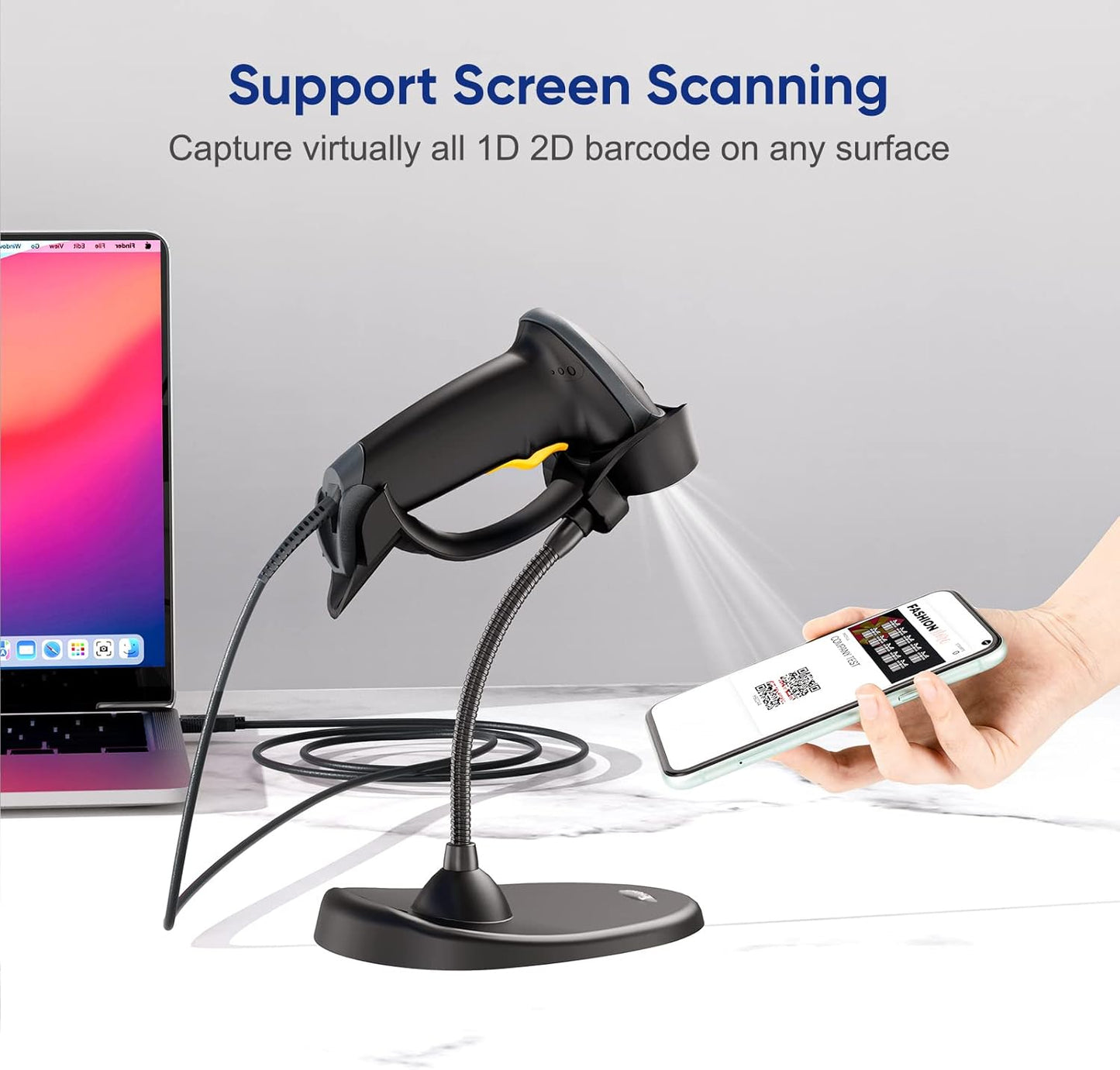 Eyoyo Handheld 2D Barcode Scanner with Gooseneck Stand, Automatic USB Wired QR Code Scanner Bar Code Reader Support Screen Scanning for PC POS System Library Store Supermarket Check-Out, Inventory