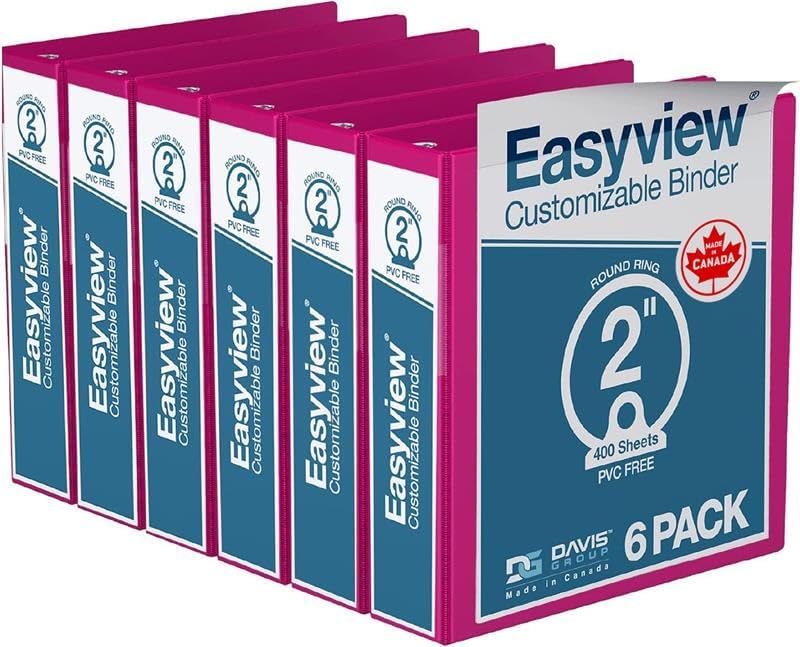 Easyview Premium 3-Ring Binders with Clear-View Covers and Round Rings, Binders for School or Office, 2 Inch, Pack of 6, Pink
