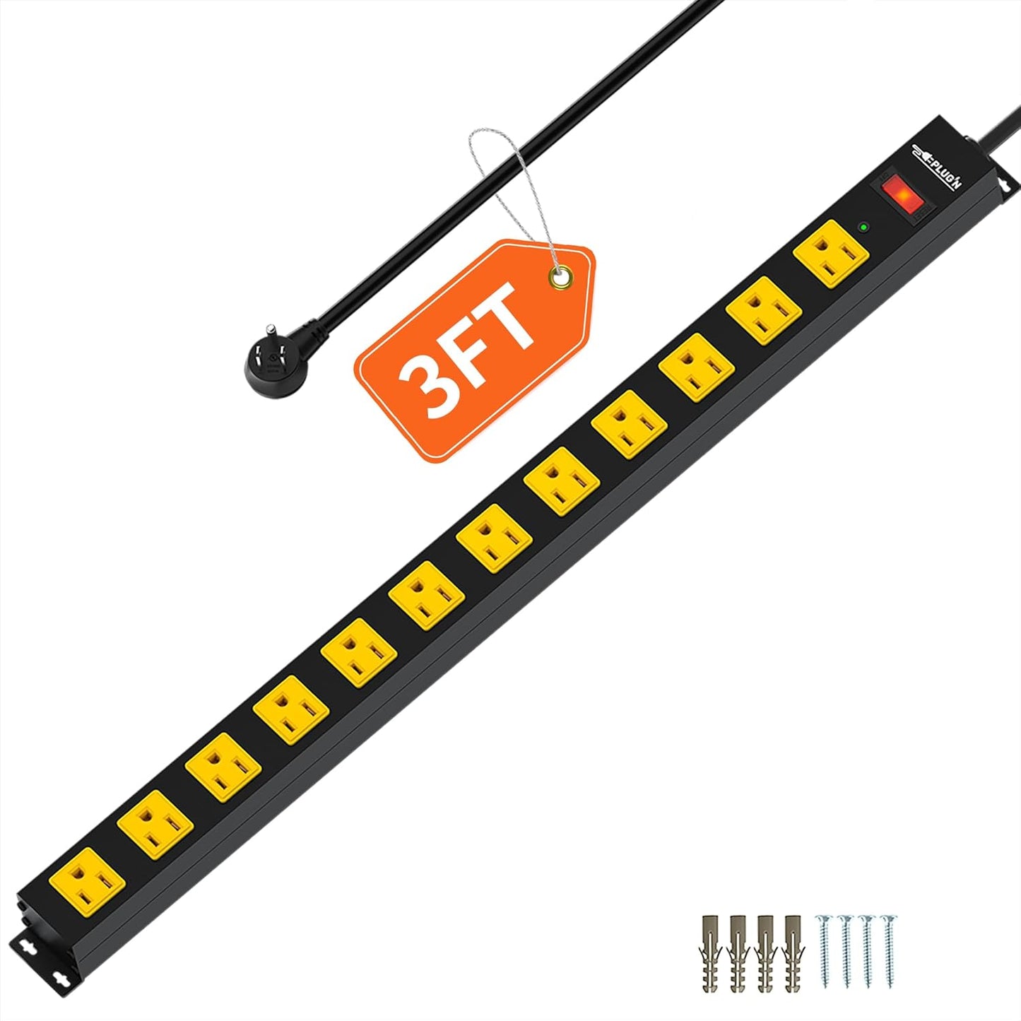 12 Outlet Long Power Strip, 3FT Power Cord, 2100 Joules Surge Protector, Wide Spaced Outlet Power Bar, Overload Protection Switch, Industrial Heavy Duty for Work Bench, Shop, Garage