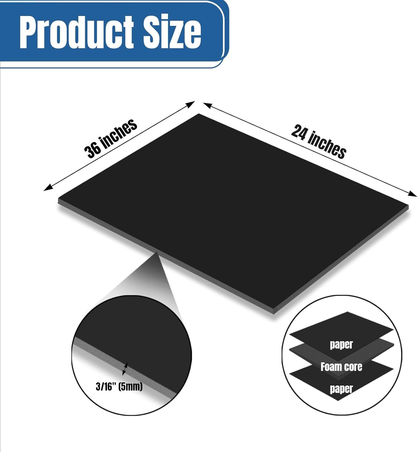 6PACK Black Foam Board 24x36×3/16 inches,5MM Poster Board for DIY Projects High Quality Blank Board Perfect for Arts Crafts School Projects Presentation Displays