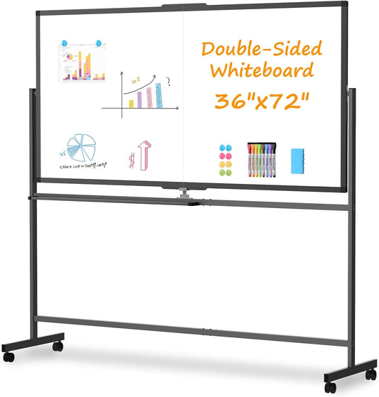 WALGLASS Rolling Whiteboard on Wheels, 72"x36" Double-Sided Dry Erase White Board with Stand, Large Magnetic Whiteboard, Giant Portable Standing Black Boards for Office, School, Home, Classroom 6x3 ft