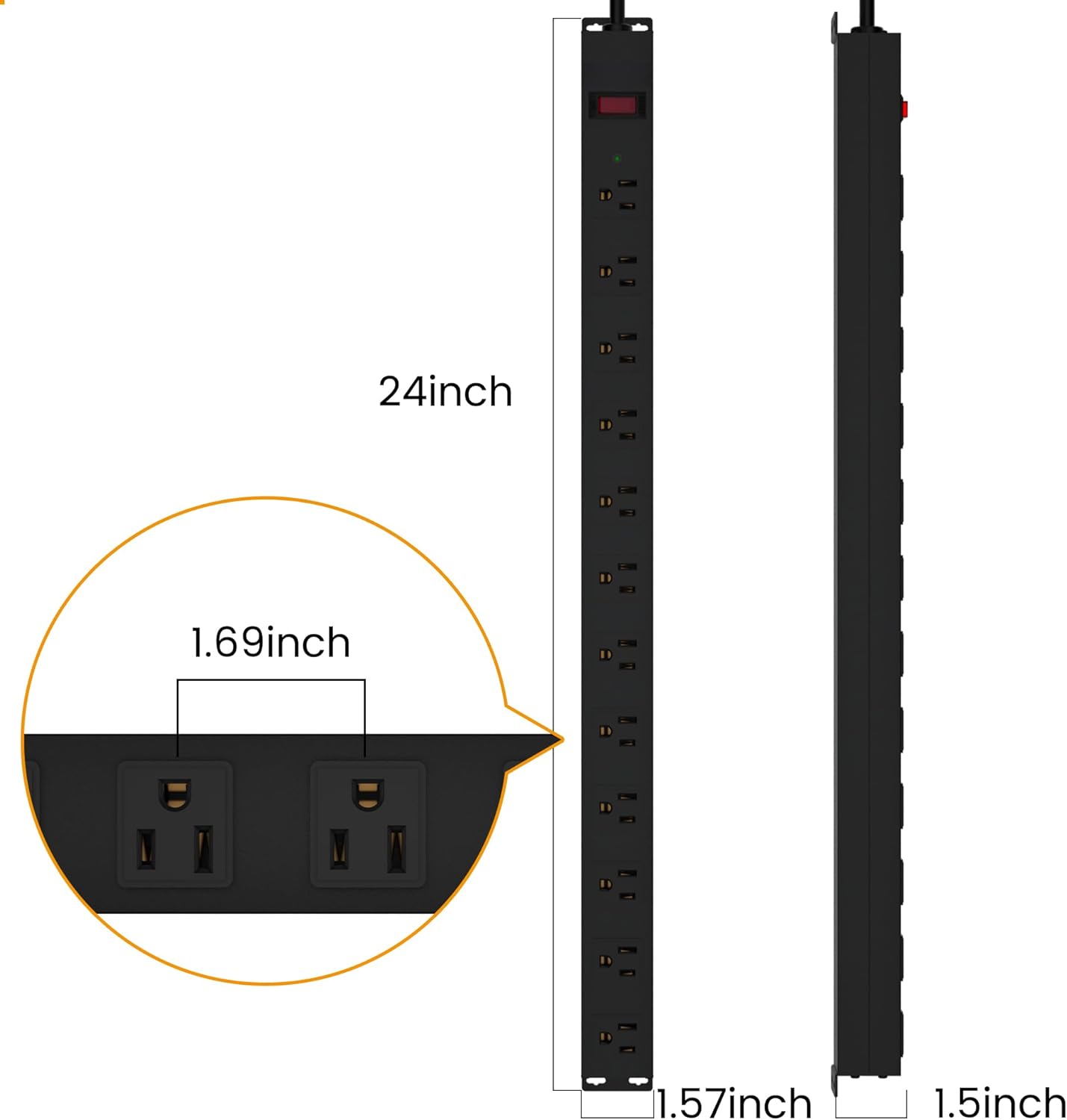 12 Outlet Long Power Strip Surge Protector with 2100 Joules, 3FT Power Cord, Wide Spaced Outlet Power Bar, Overload Protection Switch, Industrial Heavy Duty for Work Bench, Shop, Garage (Black),2 Pack