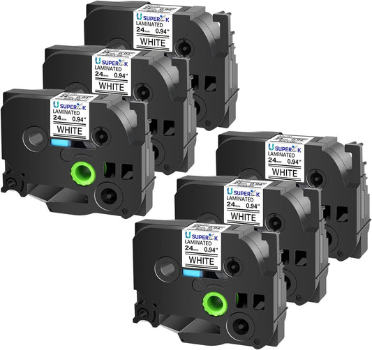 6 Pack 24mm 0.94 Laminated White Tape Compatible for Brother P-Touch Label Maker Tape TZe-251 24mm Label TZe251 1 Inch TZe TZ Tapes TZ-251 TZ251 for PT-D600 D610BT P700 P750W P950NW P710BT