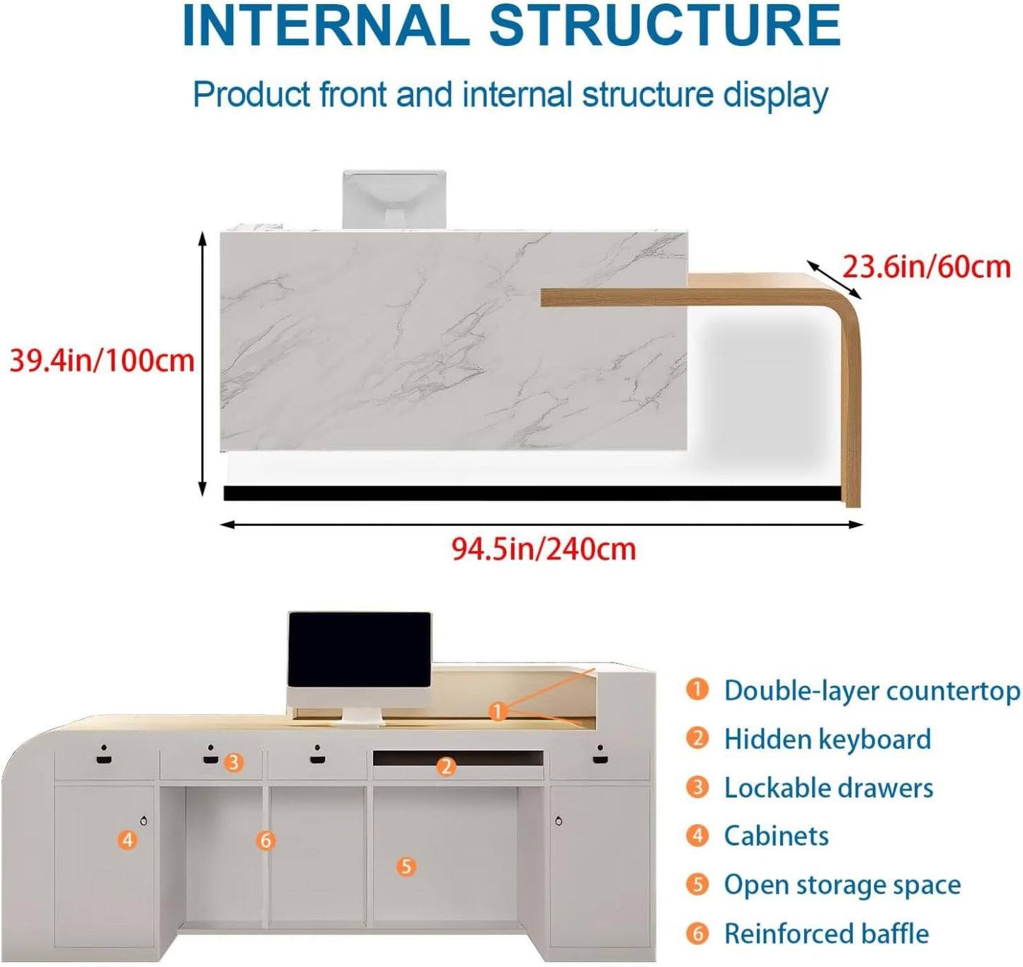 Reception Desk with Counter Modern Front Office Desk Large Reception Room Tables Checkout Counter Reception Table for Retail Lobby Beauty Salons White 94inch/240cm