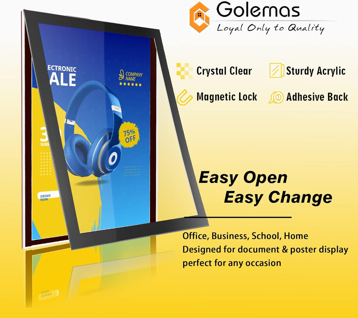 Acrylic Magnetic Sign Holder, Easy-Opening 8.5 x 11 Wall Mount Display Frames, Self Adhesive Back Plastic Clear Document Frame, Horizontal & Vertical Display (Black, 12Pack)