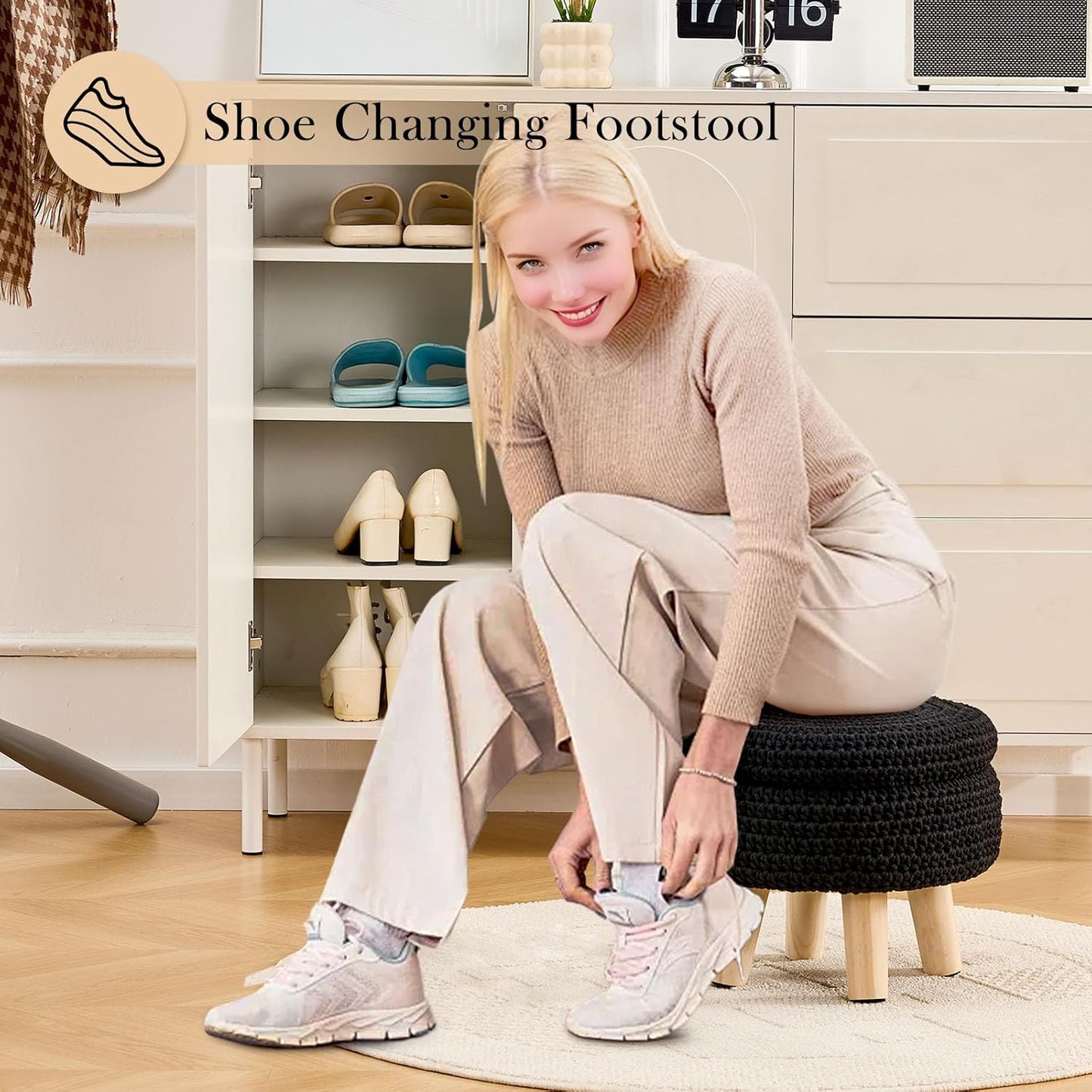 Round Storage Ottoman Foot Rest Cotton Braided Foot Stool Pouf Ottoman with Solid Wood Legs Footstool with Storage Shoe Changing Stool for Living Room Black