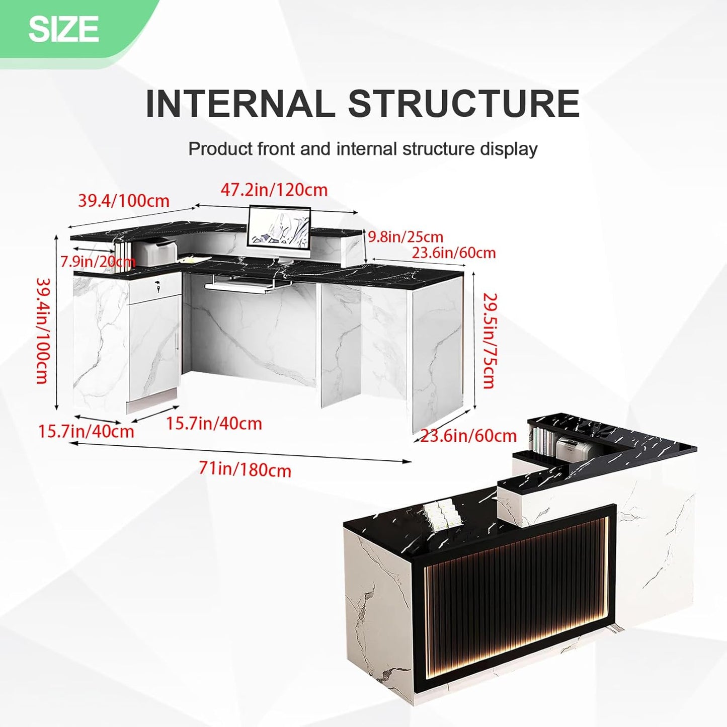 Modern Reception Desk with Counter and Drawer Office Front Desk with Cabinet Wooden Commercial Reception Table Checkout Counter for Retail Salon Lobby White and Black Left 71inch/180cm