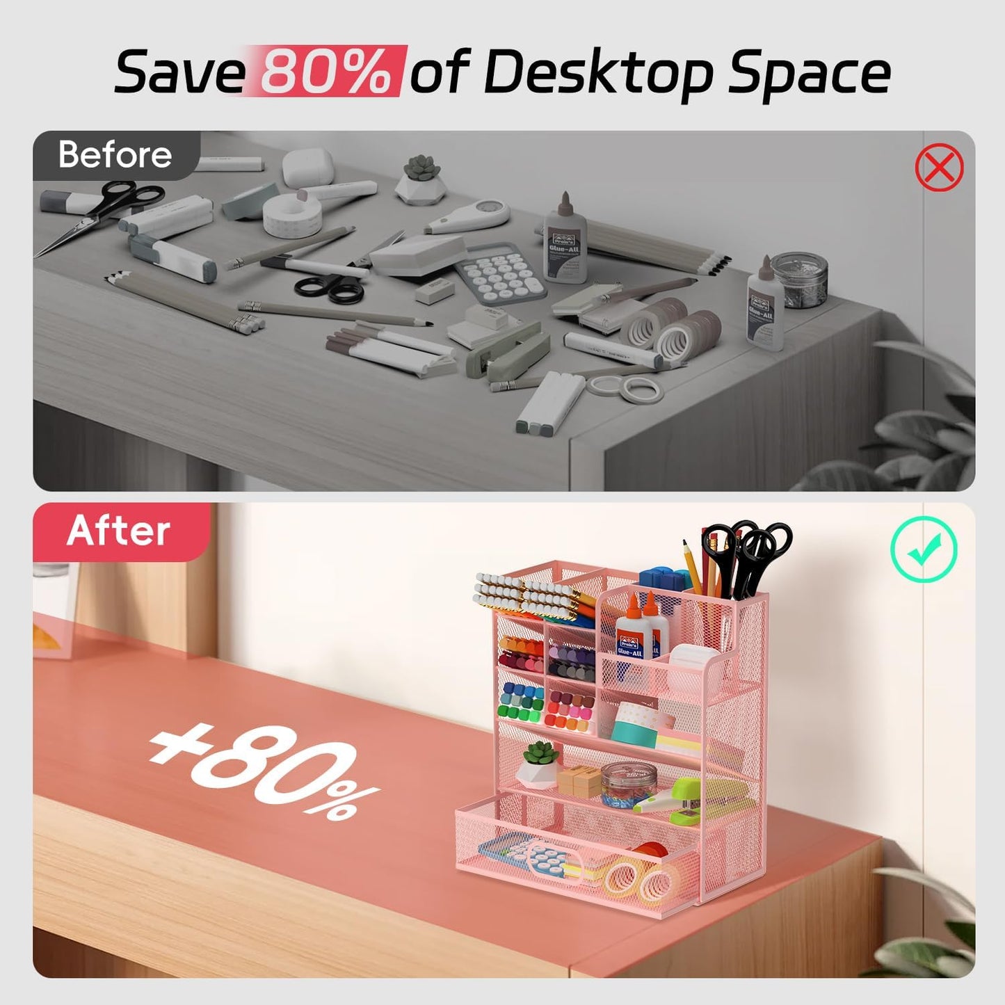 Mesh Pen Organizer for Desk, Multi-Functional Pencil Holder with Drawer Desk Organizers, Large Capacity Storage for School Office Home Supplies (Pink)