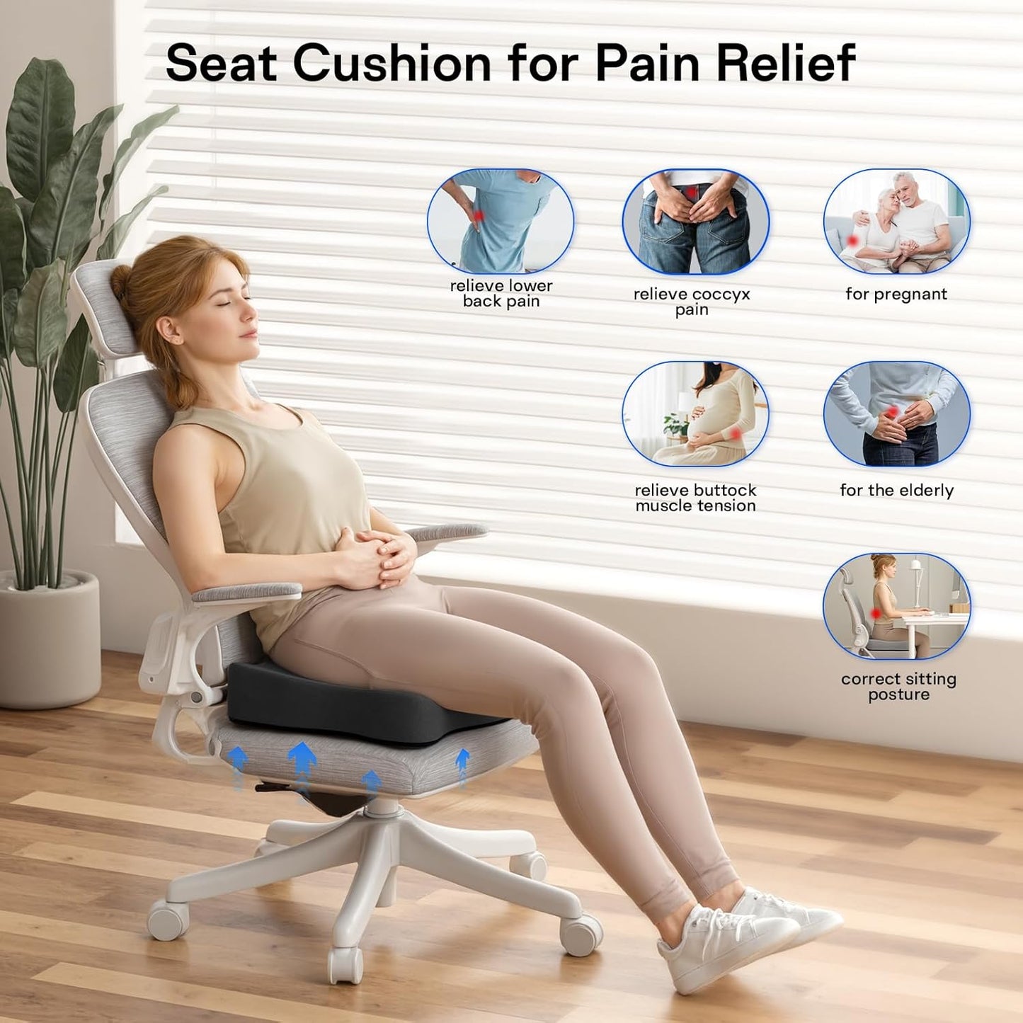 Seat Cushions for Office Chairs - Pressure Relief Seat Cushion - Car Seat Cushions for Pressure Relief, Tailbone Pain, Sciatica & Back Pain Relief for Office Chairs (Jet Black)