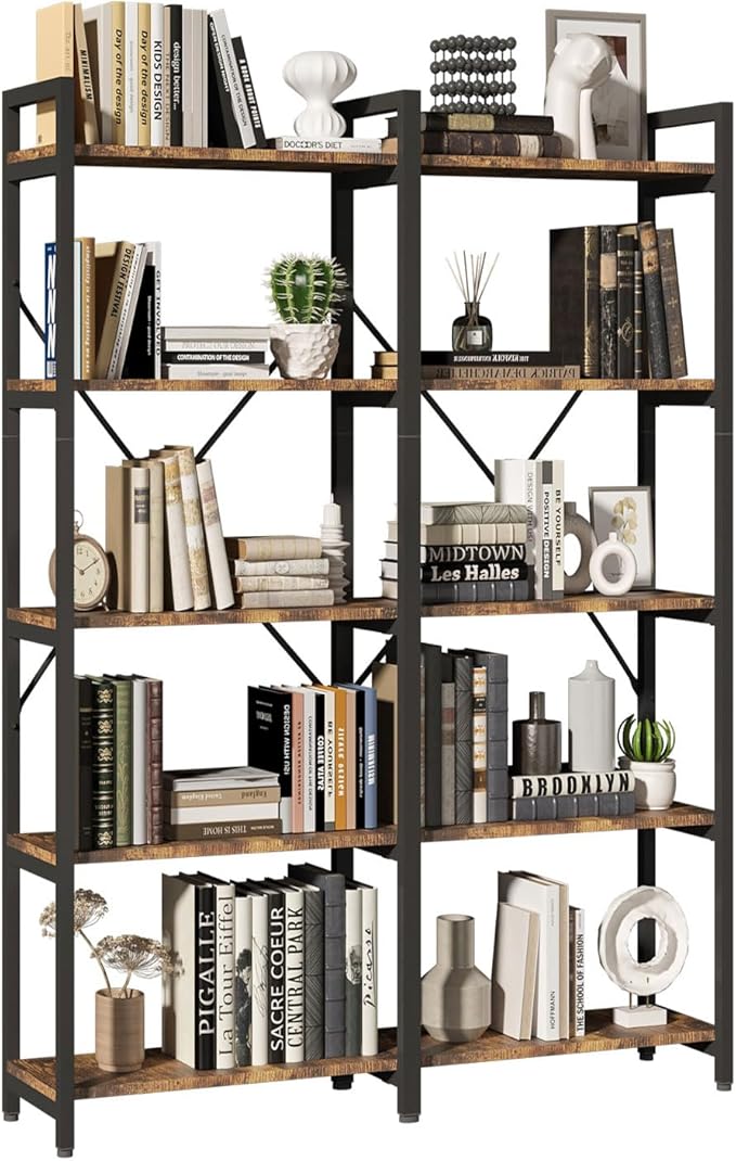 oneinmil Bookshelf 5 Tier, 58.7'' Industrial Book Shelf, Wooden Bookshelves with 10 Open Display Shelves, Vintage Storage Rack, Standing Wide Bookcase for Home and Office, Rustic Brown