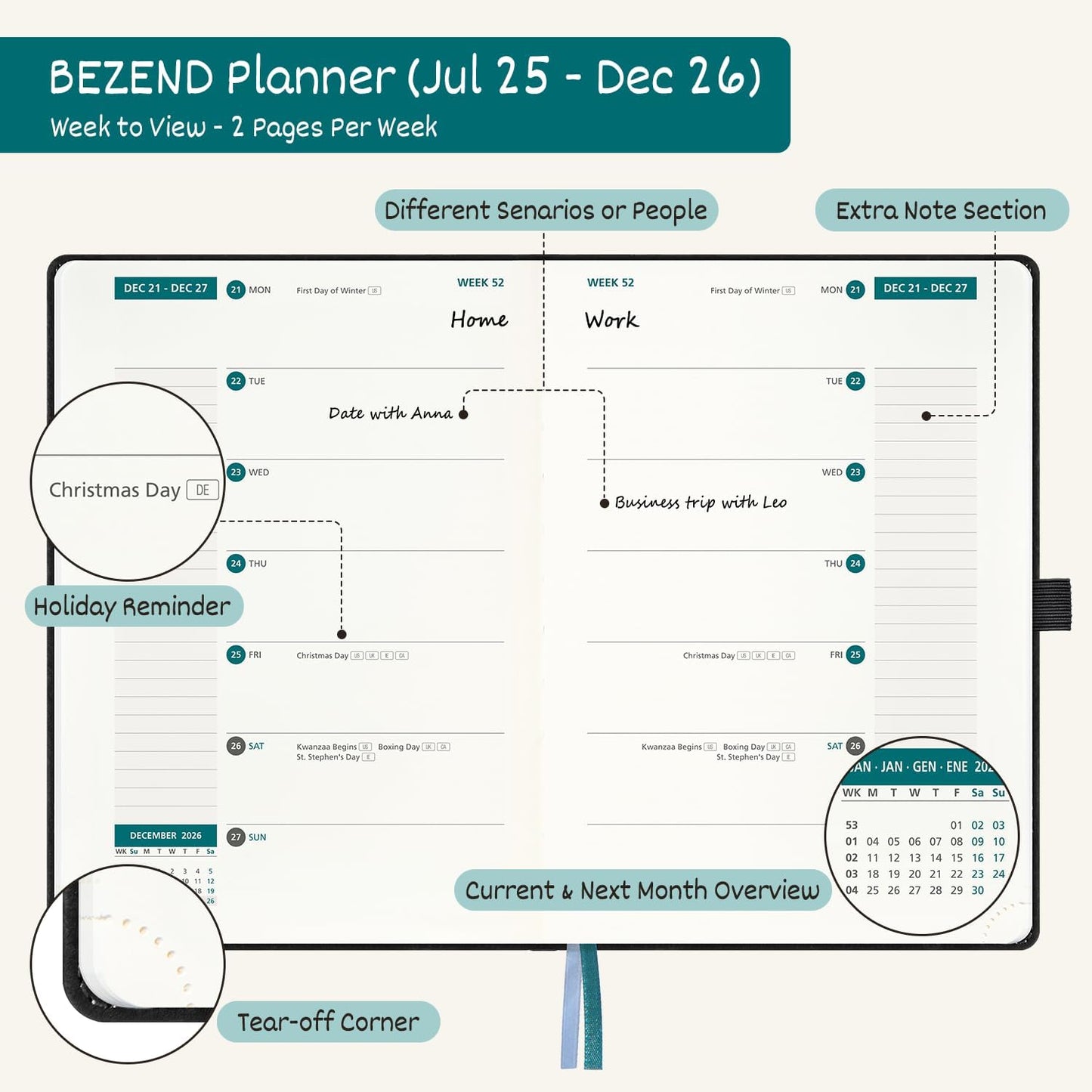 BEZEND Weekly Planner 2025-2026 with 2 Columns, 5.8" x 8.5" Academic Calendar 18 Months (Jul 25-Dec 26) Life Work Appointment Book with Monthly Tab, PU Leather Hardcover - Black